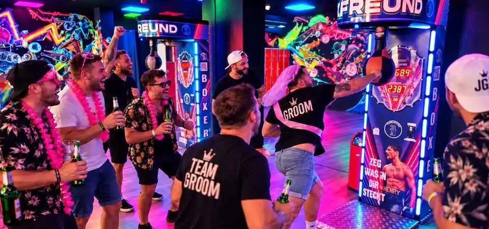 Illustrative party scene: friends celebrating together after Lasertag