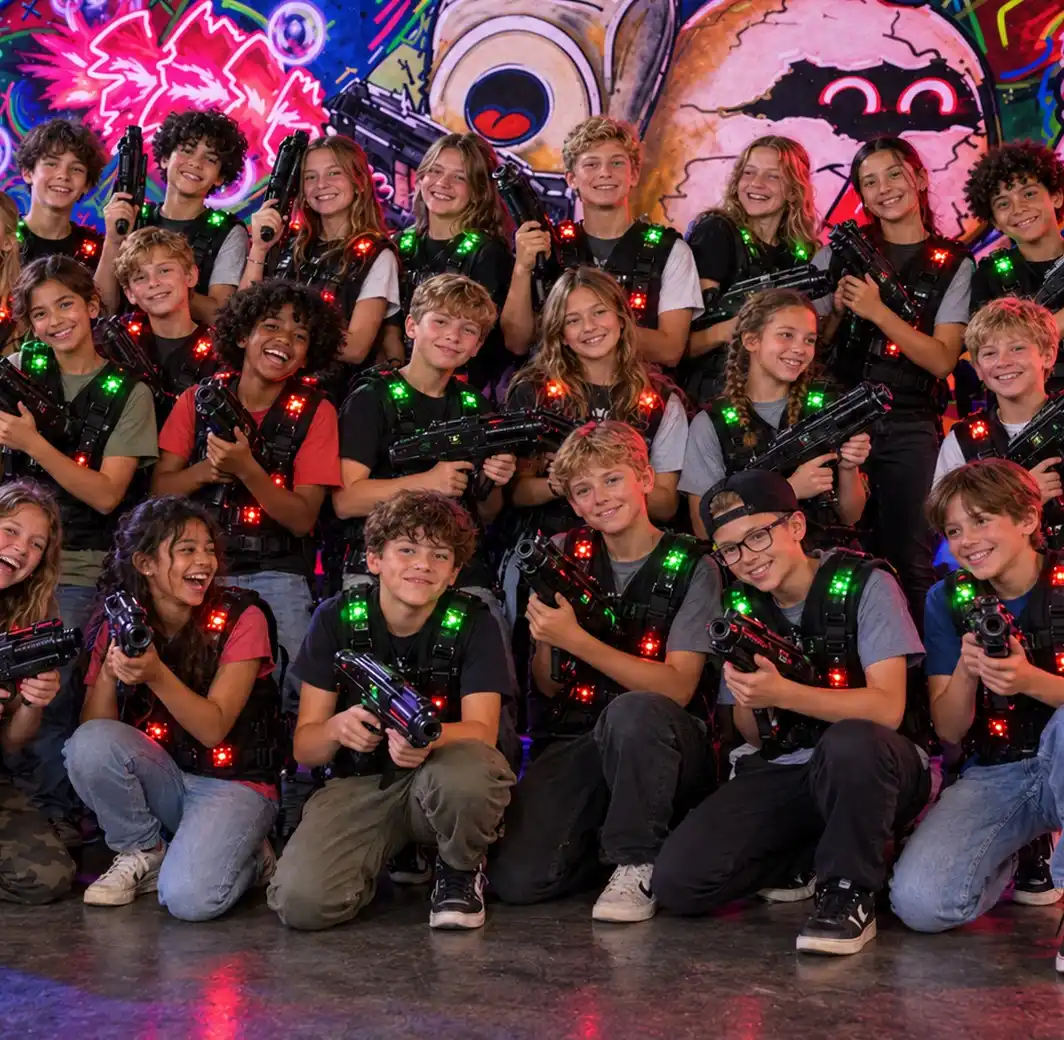 Schulgruppe bei einem Lasertag-Ausflug in Berlin